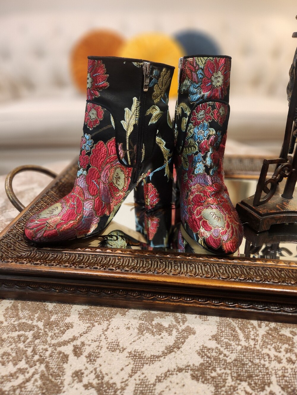 Marc Fisher Embroidered Floral Black Ankle Boots with Red & Blue Accents